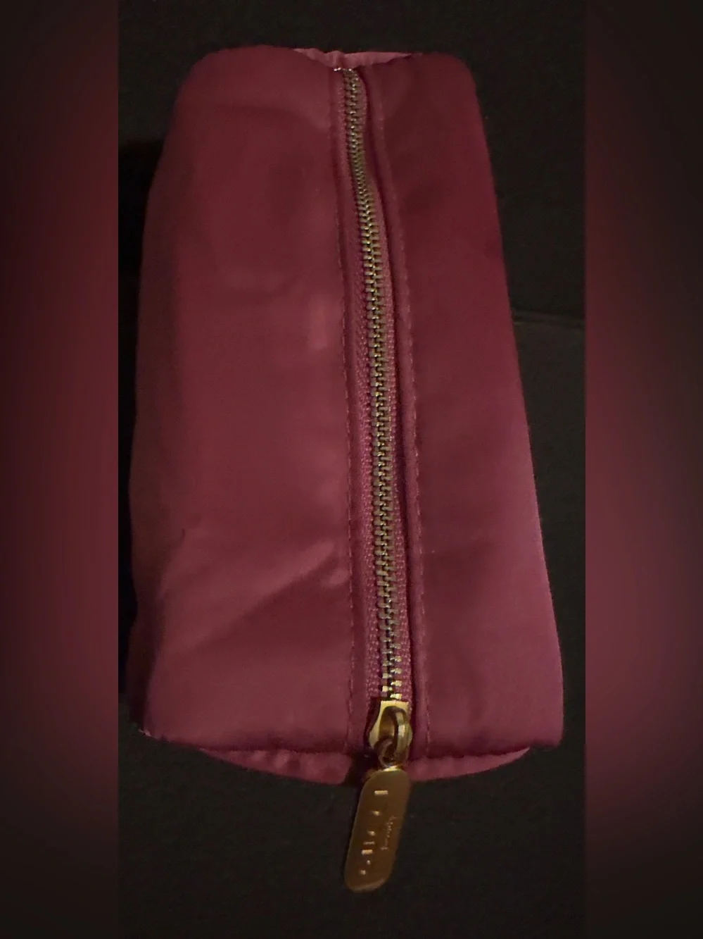 Gucci Pink Satin Beauty Pouch with Gold Logo. 7”W x 6 1/2” H.